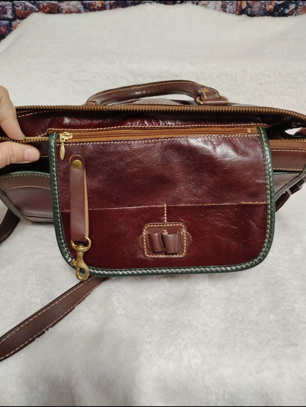 Brahmin Brown and Wine Leather Satchel with Green Trim - Picture 7 of 15